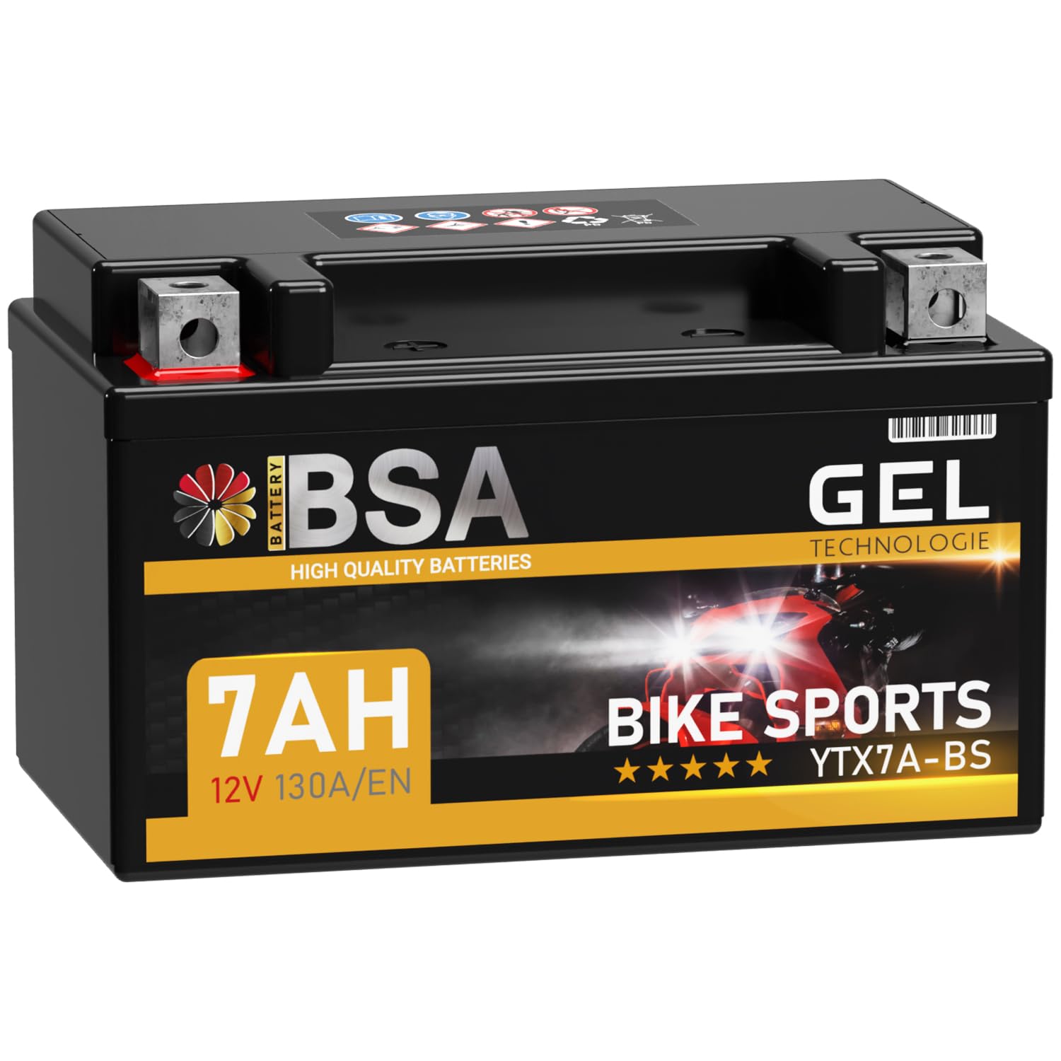 BSA YTX7A-BS GEL Roller Batterie 12V 7Ah 130A/EN Motorradbatterie doppelte Lebensdauer entspricht 50615 CTX7A-BS JMTX7A-BS vorgeladen auslaufsicher wartungsfrei ersetzt 6Ah