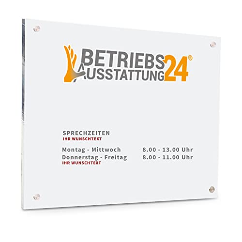 Betriebsausstattung24® Individuell gefertigtes Türschild mit Wunschlogo & Text | Acrylglas, 42,0 x 29,7 cm / DIN A3 Querformat | Inkl. 4 Abstandhaltern aus Edelstahl | Zum Verschrauben