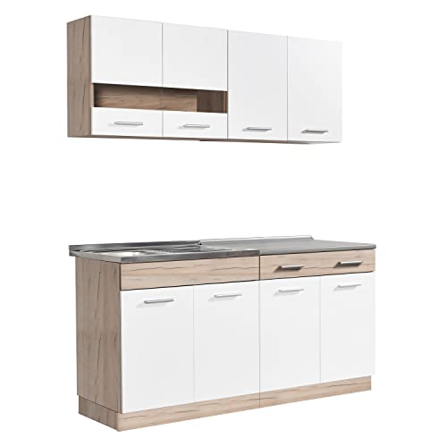 Homestyle4u 2354, Küche Küchenzeile Küchenblock Eiche Holz Weiß Einbauküche Single Küchen Schränke 160 cm
