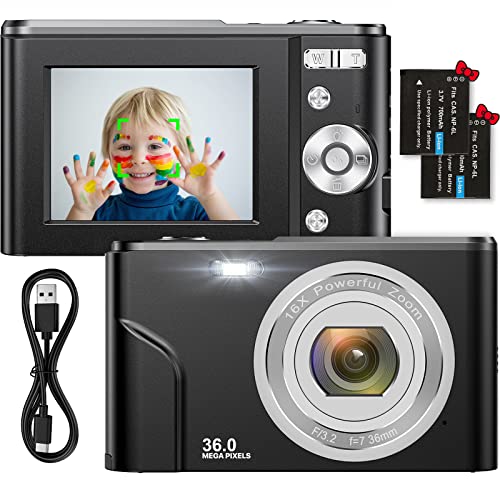 Digitalkamera 1080P HD Kompaktkamera 36 Megapixel Mini-Videokamera 2,4" LCD Digitalkamera wiederaufladbare Fotokamera mit 16X Digitalzoom für Studenten/Erwachsene/Kinder/Anfänger(schwarz)
