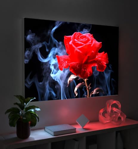 MyMaxxi - Pixlip Poster Rote Rose und Rauch Wandbild Design Wand Dekoration, Foto Mehrfarbig Leuchtrahmen - Rosenblüte, 120x84 cm, Rahmen: Leuchtrahmen inkl. Druck