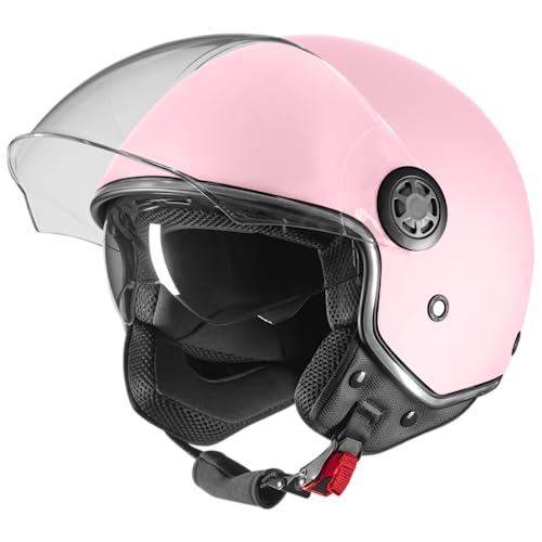 VINZ Pavia Jethelm mit Doppelvisier | Roller Helm Fashionhelm | In Gr. XS-XXL | Jet Helm mit Sonnenblende | ECE 22.06 Zertifiziert | Motorradhelm mit Visier - Rosa
