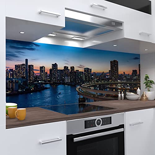 OneWheel | selbstklebende Küchenrückwand | 340x60 cm harte PVC Folie | Wandtattoo für Fliesenspiegel Design Großstadt Blau | Motiv: Skyline1