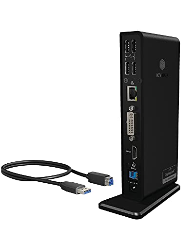 ICY BOX IB-DK2242AC DockingStation mit Type-C & Type-A Kabel, 2x DisplayPort (4K Ultra HD), 6x USB 3.0, Audio In/Out, Gigabit-LAN, schwarz