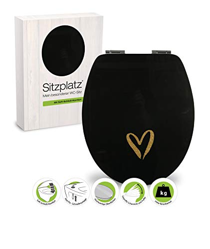 SITZPLATZ - 40378 8 - WC-Sitz - High Gloss - Dekor Black Love - WC Brille mit Absenkautomatik - Toilettensitz mit Holz-Kern & Fast-Fix Schnellbefestigung