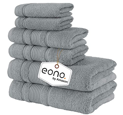 Eono by Amazon 2 große Badetücher, 2 große Handtücher, 2 Waschlappen, superweiche ägyptische Baumwolle, 6-teiliges Premium-Handtuch-Set für Hotel & Spa, Badezimmer, Küche, Dusche – Grau Violett