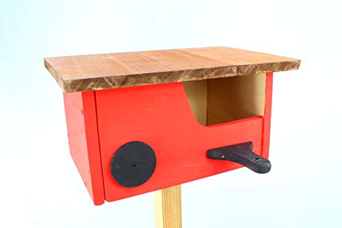 Vogel-Nistkasten + Unterschlupf Schlafplatz, rot lasiert MIT LANDEBAHN + Fixierleisten + Holzdach zum Öffnen in braun, ca. 35 x 23 x 20 cm, Halbhöhle mit Öffnung ca. 120 x 80 mm für AMS