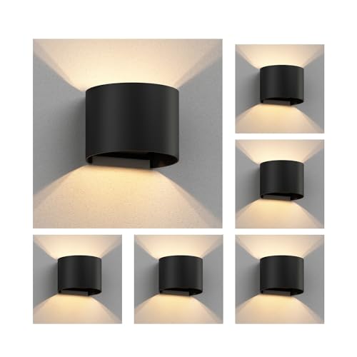 ledscom.de Wandleuchte RUNEL für außen, schwarz, IP65, Up & Downlight + LED Lampe je 501lm, warmweiß, 6 Stk.
