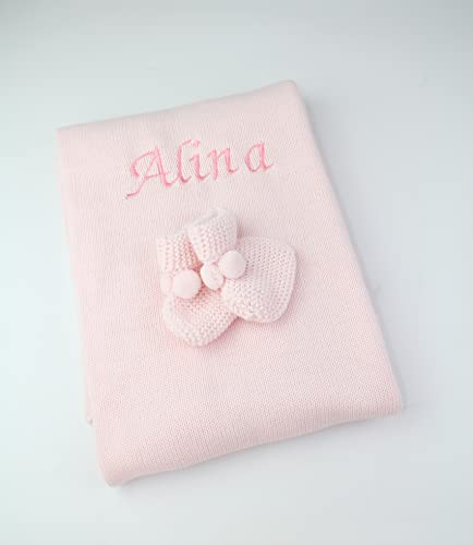 Baby Decke Strickdecke mit Schühchen personalisiert (Peach)
