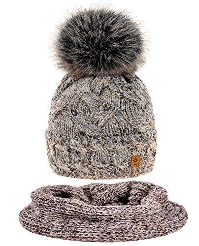 MFAZ Morefaz Ltd Set Mütze & Schal Winter Damen Alpaka Wolle Beanie Strickmütze Wurm Fleece Bommel Pom Pom (Beige Set Hat&Scarf)