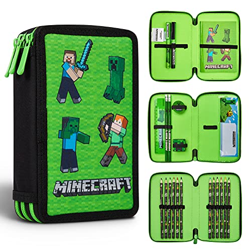 Minecraft Federmäppchen Junge Gefüllt, Federtasche Junge gefüllt mit Schreibwaren, 3 Fächer Pencil Case, Einschulung Junge