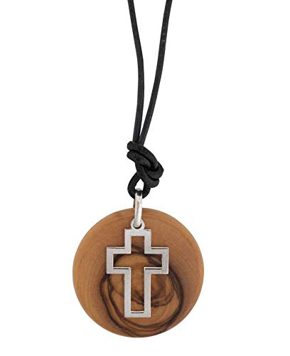 Christliche Geschenkideen Kreuz Halskette aus Bethlehem mit Anhänger Olivenholz und Symbol 925 Silber