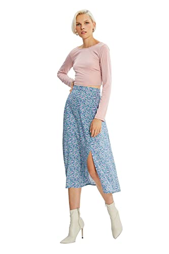 Trendyol Damen Trendyol Tegelbloemenpatroon tip gedetailleerde rok Skirt, Blau, 38 EU