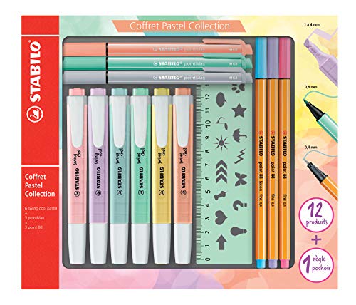 Stifte im Set - STABILO Pastell Collection - 12 Stifte in Pastellfarben - 6x Textmarker, 3x Filzschreiber, 3x Fineliner und 1x Schablonenlineal
