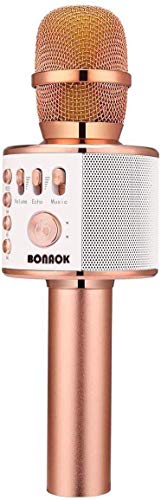 Bluetooth Karaoke Mikrofon Kinder, BONAOK Drahtlose Dynamisches Mikrofon mit Lautsprecher, Familie Party Podcast Auto Bluetooth Mikrofon Kabellos, Kompatibel mit Android/IOS(Rose Gold)