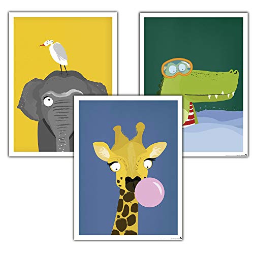 Close Up Kinderzimmer Poster Afrika 3er-Set (30 x 40 cm | 11,8x15,7") Babyzimmer Deko Bilder, Tiere Kunstdruck - Elefant, Giraffe & Krokodil