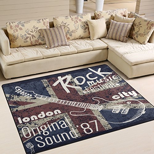 Use7 Vintage Teppich mit Union Jack Gitarre Musik Stil Bereich Teppich für Wohnzimmer Schlafzimmer 160 cm x 122 cm