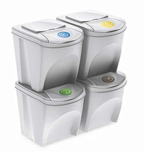 Sortibox Mülleimer mit Deckel 25 L - 4er Set / weiß - Stapelbares Müll Trennsystem - Abfall Sortierer Trenner Sytem Trennkörbe stapelbar mit Klappe