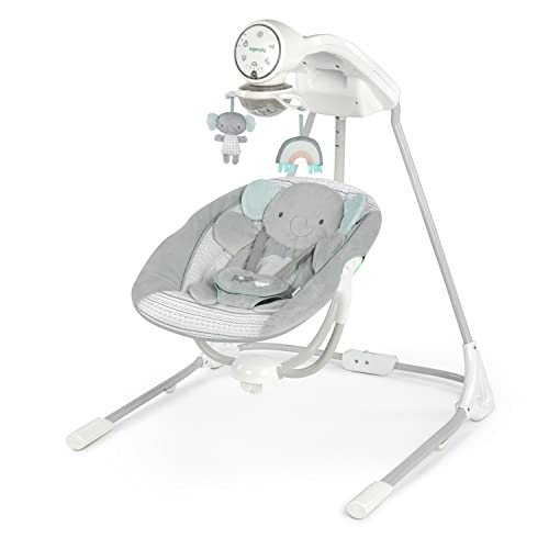 Ingenuity, InLighten 5-Geschwindigkeiten Babyschaukel - Drehbarer Kindersitz, 5-Punkt-Sicherheitsgurt, Naturgeräusche, Lichter - Van Elefant
