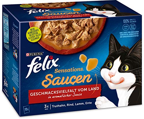 FELIX Katzennassfutter Sensations Saucen Geschmacksvielfalt vom Land, 6er Pack (6 x 12 x 85g)