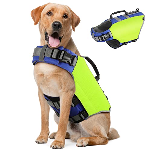 Pawaboo Schwimmweste Hund, Einstellbare Hundeschwimmweste mit Starkem Auftrieb und Langlebigem Rettungsgriff Reflektierend Rettungswesten für Hunde Schwimmen Surfen Bootfahren, XL, Helles Gelb