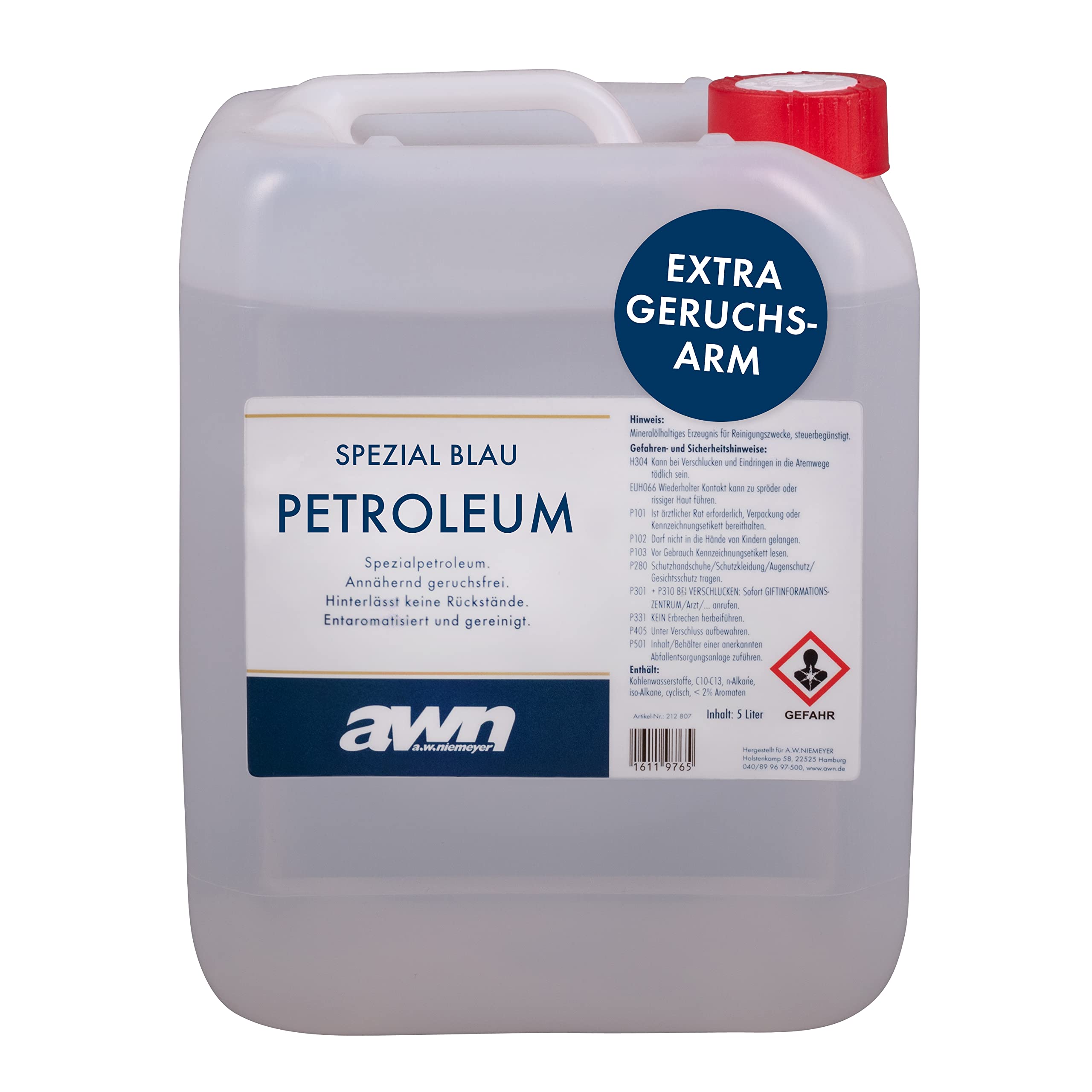 awn® Spezialpetroleum 5 Liter | Extra geruchsarm durch hohe Reinheit | 5l Petroleum Kanister | gereinigtes Petroleum für Innenräume