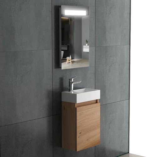 Alpenberger Badmöbel Set | Badezimmerspiegel mit Beleuchtung | Gäste WC Waschbecken mit Unterschrank | Badschrank Schmal mit Badspiegel | Waschtisch Bamboo (Lugano 400)