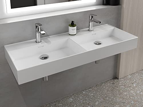 Aqua Bagno | Doppelwaschbecken im modernen Loft Air Design | Eckig | Wand-Waschbecken | Möbelwaschtisch | Waschtisch aus Keramik | Weiß | 1214 x 465 x 121 mm